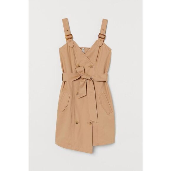 NWT H&M cotton tan khaki trench wrap tie dungaree dress size US 6 - Picture 1 of 6